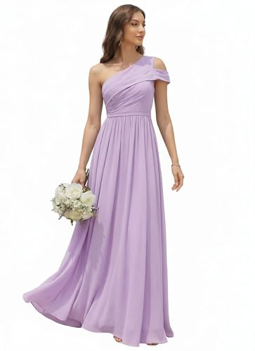 Ever-Pretty Abiti da Damigella Collo Asimmetrico Maniche Corte Chiffon Maxi Gonna Svasata ES02705