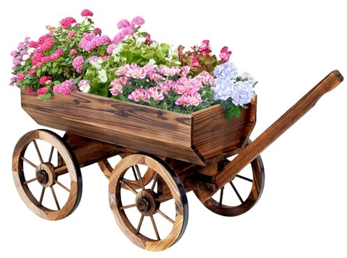 PUPATIOB Wood Wagon Planter Box, Rustic Wooden Flower Cart with Rolling Wheels & Drainage Holes, Amish Style Decorative Wheelbarrow for Outdoor Garden Patio Balcony, Brown