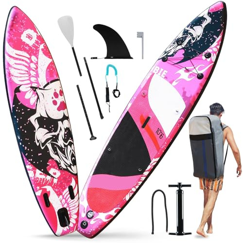 Vroomoto Uppblåsbar Paddle Board Stand Up Paddleboard Paddleboard 10 Fot 6 Tum Bred Stabil 15 PSI 330lbs Tryckt Drop Stitch PVC med Paddle Pump Fin Koppelväska för Vuxna Ungdomar (Rosa)