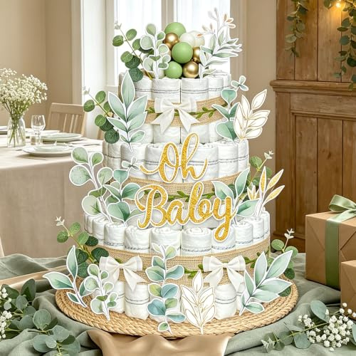 decorazioni per baby shower verde torta di pannolini | Set per festa bebè Greenery Windelkuchen Decorazioni verdi foglia Striscia stampata Rivelazione sesso