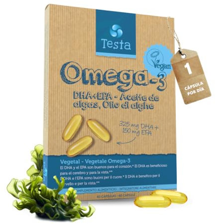 Testa Omega 3 Capsule di olio d'alga vegano - 325 mg di DHA+150 mg di EPA ad alto dosaggio per capsula - 1 dose giornaliera - Omega 3 vegetale alternativo all'olio di pesce - 60 capsule