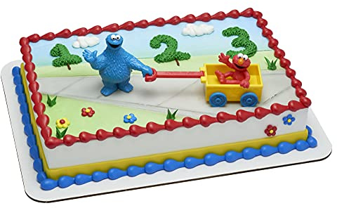 DecoSet® Sesame Street® Let's Play Cake Topper, 2-Piece Birthday Cake Decoration with Cookie Monster and Elmo in a Free-Wheeling Wagon, Ready to Use, Food Safe