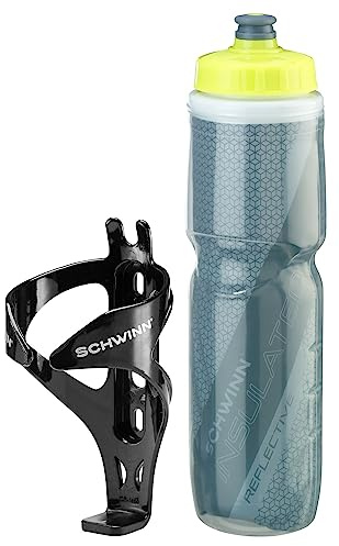 Schwinn Reflective Insulated Water Bottle with Holder for Bicycle, 26 oz, BPA-Free, Dual-Stage Nozzle, Easy Squeeze, Cage Easily Mounts to Bike, Night Visibility, Bike Water Bottle Holder Combo