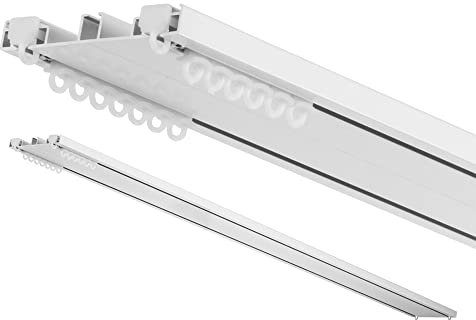 Binario per tende e sopratende arricciate a 2 canali - installazione a soffitto - movimento tenda manuale (no corda) - in alluminio dim. 9x1 cm, completo per l’installazione (CM 180)