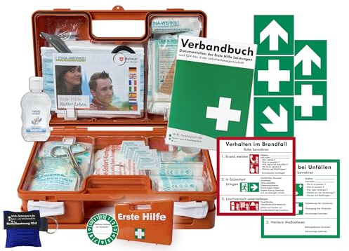 Verbandskoffer/Verbandskasten (K) Typ CN -Paket 1- Erste Hilfe nach aktueller DIN 13157 für Betriebe -DSGVO- INKL. PERFORIERTEM VERBANDBUCH + Hygiene-Gel & Notfallbeatmung + AUFKLEBER