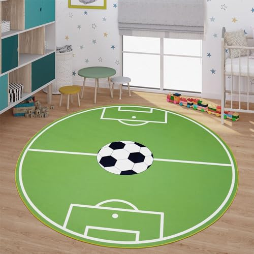 TT Home Kinder-Teppich, Spiel-Teppich Für Kinderzimmer Mit Fußball-Design, In Grün, Größe:Ø 160 cm Rund
