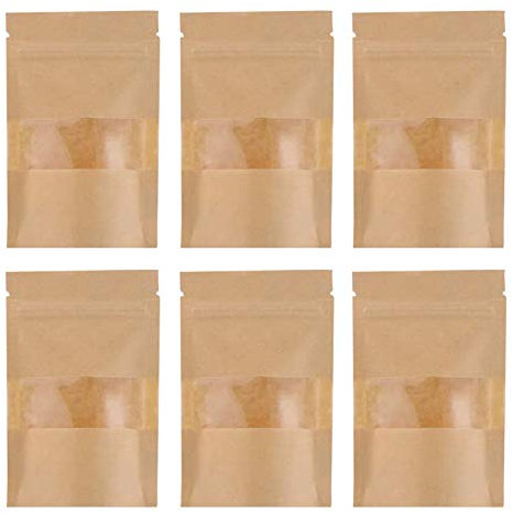 KanDery Kraftpapier-Lebensmittelbeutel, wiederverwendbar, verschließbar, Kraftpapier, Lebensmittelverpackung, mit transparentem Fenster (50, 9 x 14 cm)