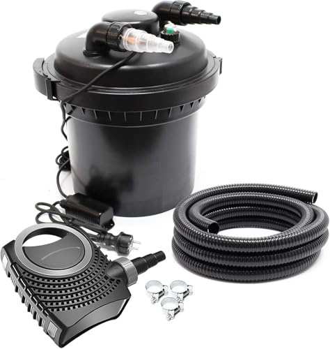 SunSun Kit complet: CPF-280 Filtre de bassin à pression jusqu’à 8000 L avec 11 Watt lampe uv, NEO3800 SuperEco pompe 3600l/h 20W, 5m Tuyau 38 mm (1 1/2), collier de serrage W1 44-47mm