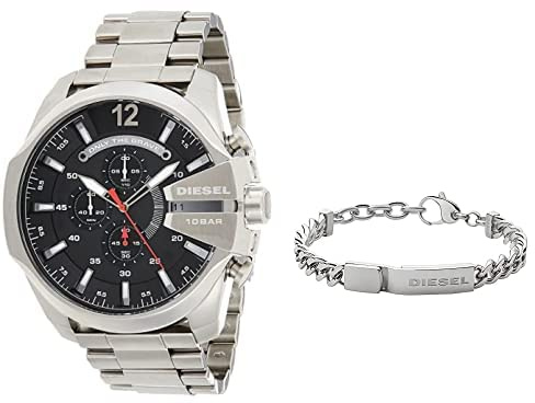 Diesel Herren-Edelstahl-Chronographenuhr und Schmuck-Set