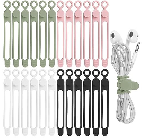 Nearockle 24 Stück Silikon Kabelbinder, Draht Organizer für Handy Ladegerät, Computer, Wiederverwendbare Kabelbinder, Kabel Organizer für Zuhause, Büro, Küche, Schule (4 Farben)