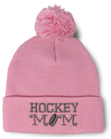 Pom Pom Beanies for Women Hockey Mom A Embroidery Skull Cap Hockey Lover Humor Winter Hats for Men Acrylic 1 Size Soft Pink Design Only