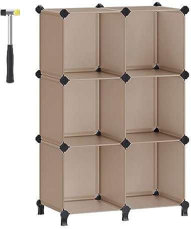 SONGMICS Förvaringsenhet med 6 kuber, modulär plastkub med fötter, skoställ, varje kub 30 x 30 x 30 cm, vardagsrum, sovrum, studie, gummiklubba, kamelbrun LPC111K01
