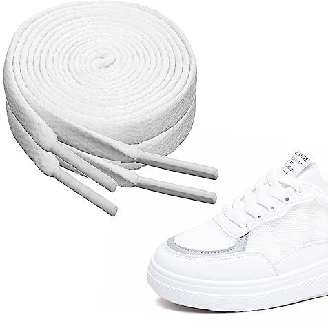 Ouligay Set med 2 par vita skosnören, 8 mm x 120 cm, platt, rivbeständig, för sneakers och sportskor, Vitt och blått, 120