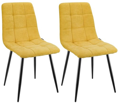 WAFTING Esszimmerstühle 2er Set, Gepolsterter Stuhl mit Hoher Rückenlehne und Leinendesign, Esstischstühle mit Metallfuß, für Esszimmer, Wohnzimmer, Küche, Schlafzimmer und Empfangsraum, Gelb