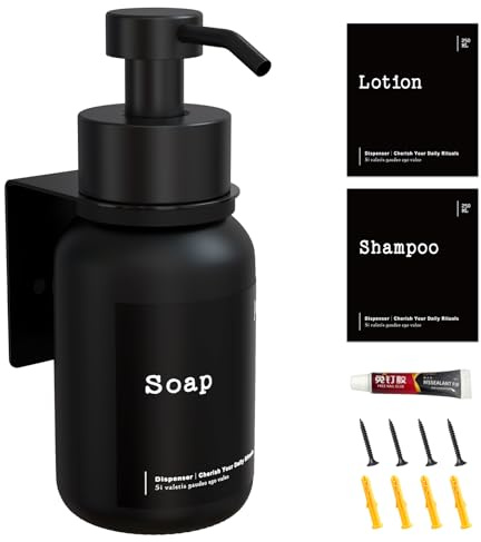 TEHEO Seifenspender Wandbefestigung Schwarz | Moderner Glas Seifenspender 250ml | Wandmontage ohne Bohren oder Schrauben | Flüssigseifenspender für Bad Küche Dusche | Handseife Duschgel Shampoo