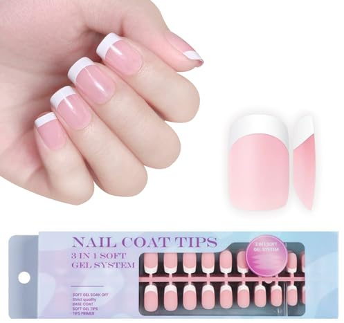 French False Nails Kit, 300Pcs French Fale Nails Short, Square Pink X-coat Tips Press On Nails, Pre-applied Tip Primer & Base Coat Cover, Full Cover Stick On Nail for Women Manicure(Nude Pink)