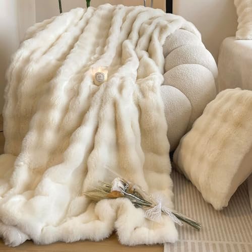 Morbida coperta in pelliccia sintetica di coniglio, calda coperta per divano e divano (bianco, 130 x 160 cm)