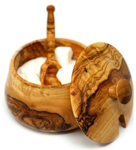 Ezo.Home Handmade Olive Wood Salt Cellar/Sugar Bowl with Lid and Spoon – 100ml Capacity Natural Salt Pig with Lid for Home and Kitchen