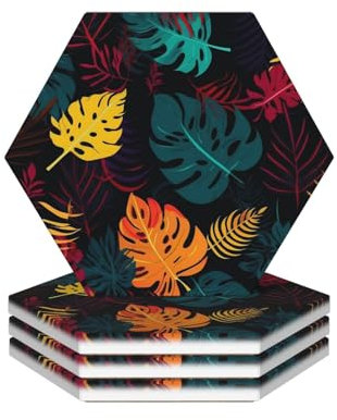 Untersetzer für Getränke, rund, saugfähig, Keramik, rutschfest, bunt, tropische Blätter, Getränkeuntersetzer mit Halter und Korkboden, wiederverwendbare Tassenuntersetzer für Arten von Tassen, 4 Stück