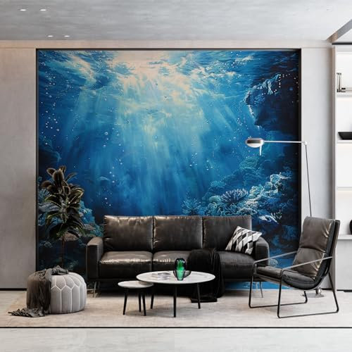 Custom Ocean Theme Seabed Coral Fish Panoramic Wall Mural, Blue Wallpaper 200 x 140 cm (W x H), Modern Large-Scale Wall Art Mural Panoramic Poster for Living Room Bedroom Office
