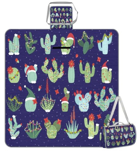 Mularoka Coperta da picnic con cactus di Natale, impermeabile, a prova di sabbia, pieghevole, 150 x 145 cm, extra large, portatile, lavabile, tappetino da esterno per campeggio, parco, erba,
