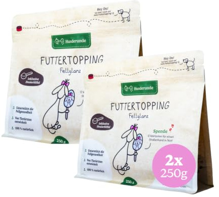 Hunderunde – Futtertopping Fellglanz 2x250g – natürliche Hautpflege & glänzendes Fell I Hanfpulver Bierhefe Seealgen Möhrenmehl Chlorella Rote Beete Heidelbeer Algenpulver
