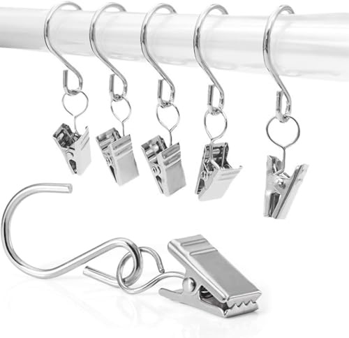 Aililong Gardinenklammern - 50 Vorhang Clips und Gardinenringe mit Clips, langlebig und multifunktional, Vorhangklammer und Klammer mit Haken für Hausdekoration (Silber)