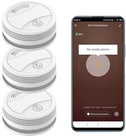 XNY Smart Smoke Alarm Fire Alarm with Replaceable 9V Battery, WiFi Smoke Detector with APP Notifications, LED Indicator, EN Certification (3 PCS)