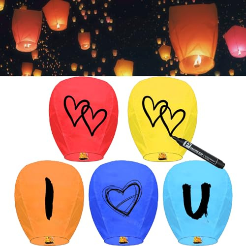 5 Packs Chinese Sky Lanterns to Release in Sky, Multi-Colour, Fire Resistant Paper Lantern for Memorial, Premium Quality ECO Friendly Biodegradable Flying Lanterns for Parties Supplies and Festivals