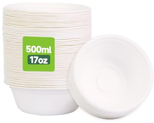 HiEnjoin 60 Stück 500ml Einwegpapierschalen,Biologisch Zuckerrohr Einweg geschirr Schalen Einmal,Abbaubar und Kompostierbar, Perfekt für Party und Picknicks (500ml)
