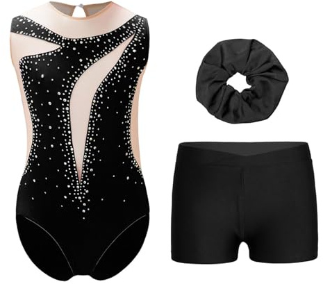 Yruioon Kinder Mädchen Gymnastikanzug Glitzer Turnanzug mit Kurze Hose Haarband Ärmellos Ballettanzug Ballett Trikotanzug Wettbewerb Tanzkostüm