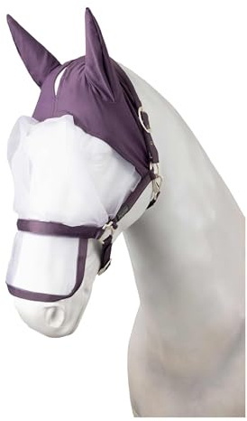 Horze Paso Fino Pferde Halfter mit Integrierter Fliegenmaske – Robustes Halfter mit UV-Schutz, Ohren- & Augenschutz, Dunkellila, F