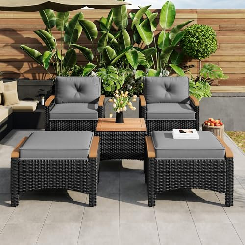 LAKFEW Rattan Gartenmöbel Blkonmöbel Set 5 Teilig, Gartengarnitur Sitzgruppe Garten mit 2 Einzelsofas, 2 Fußhocker und 1 Kaffeetisch, Gartenlounge Lounge Sofa Sessel Outdoor für Balkon, Terrasse