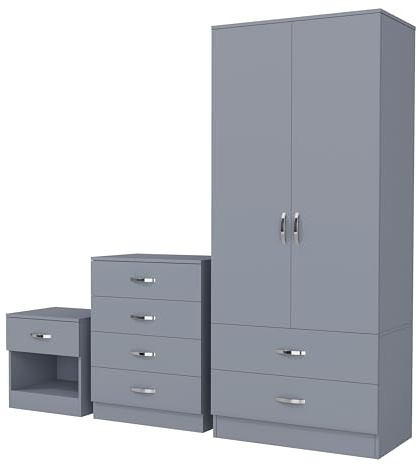 Nera Grey 3 Piece Bedroom Furniture Set 2 Door Wardrobe with 2 Drawers Chest of 4 Drawers & Bedside Table Bedroom Set