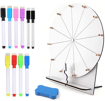 KBIBCK Roue de Prix en Bois, 29 cm Roue de la Fortune à Tourner, Jeu de Tombola en Bois avec Gomme et Marqueur pour Loterie, Mots, Carnaval, Fête (Blanc)