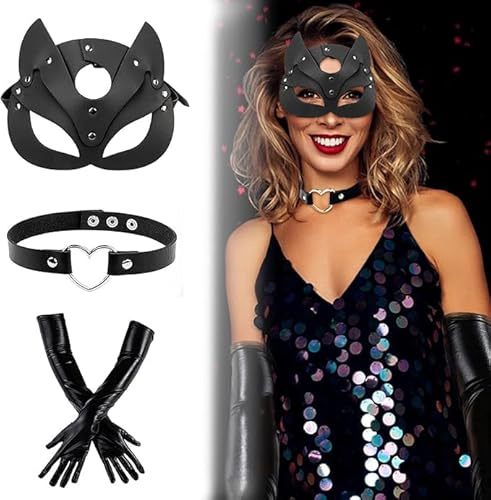 Set di 3 maschere da Catwoman, da donna, per gatti, per feste in costume, per cosplay, con 1 paio di guanti in pelle da donna, Pluvyze