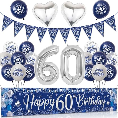 Tasoraor 60 Geburtstag Deko Mann Set - Blau Silber Große Happy 60 Birthday Banner, Konfetti Ballons Wimpel und XXL Zahlen Luftballon für Männer 60 Geburtstagsdeko