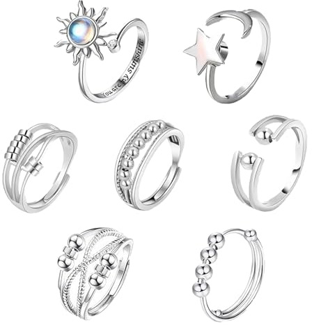 EXQUIMA 7 PCS Fidget Rings, Silver Adjustable Open Spinner Rings, Fidget Rings For Anxiety Women And Teen Girls, Open Stress Rings With Butterfly Moon Star Design For Daily Wear And Relaxation