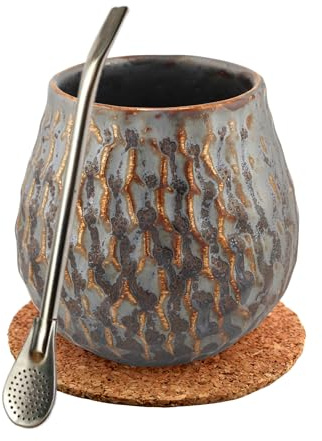 Mate Green Yerba Mate-Tee Set - Keramik Mate Becher 400ml - Edeltahl trinkhalm Bombilla 19cm - Handgemachte Keramik Kalebasse - Matetee keramik tasse - Korkpad