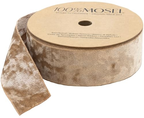 Cinta decorativa de terciopelo 100% Mosel, en color dorado y beige (4 cm x 10 m), cinta de regalo con aspecto de terciopelo aplastado en ambos lados, elegante cinta para decorar y manualidades, para
