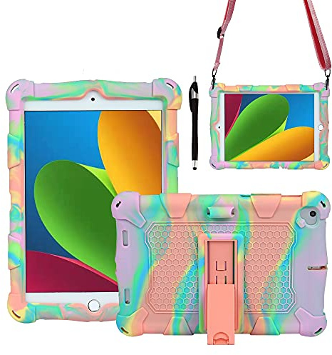 Tablet PC Case Tablet Väska till iPad Mini 1/2/3/4/5/6, Mjukt och lätt silikonstötsäkert Drop skyddskåpa med kickstand & axelrem Tablet Baksida(Pink Purple)