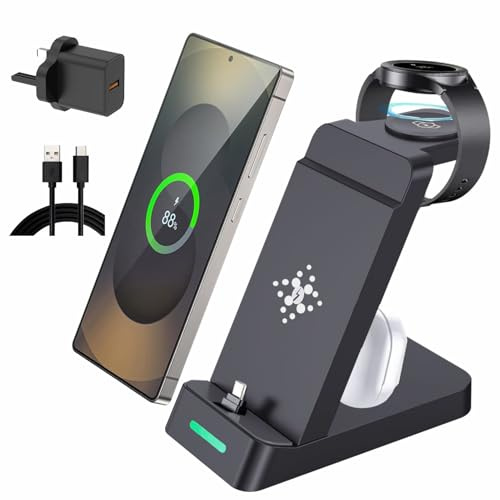 3 in 1 Fast Charging Station for Samsung Galaxy Phones Watch Earbuds Charger, Android Fast Charger Stand Dock for Samsung Galaxy S26Ultra/S25/S24/S23/S22/21/20 Galaxy Watch Ultra 8/7/6/5/4 (Black)