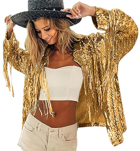 Giubbino da donna con paillettes con frange glitter cardigan a maniche lunghe blazer aperto davanti festa giacche anni '70 per carnevale festival club wear, oro
