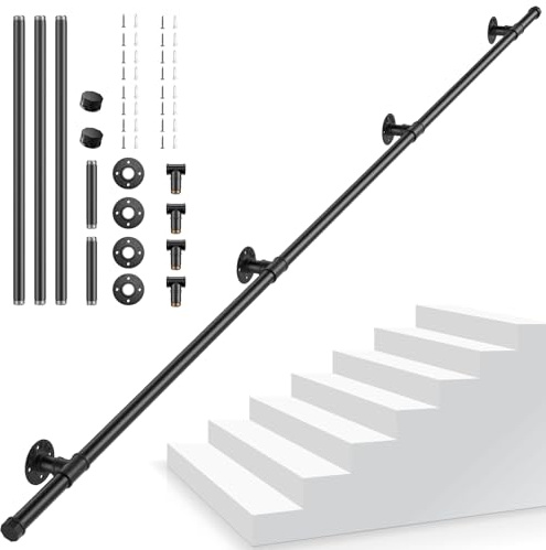 Pasamanos Escalera, 2,5M Pasamanos para Escaleras Interior Exterior, Pasamanos Negro con tubo de acero Galvanizado Industrial Antideslizante, Barandilla Escalera para Cocina Baño Jardín