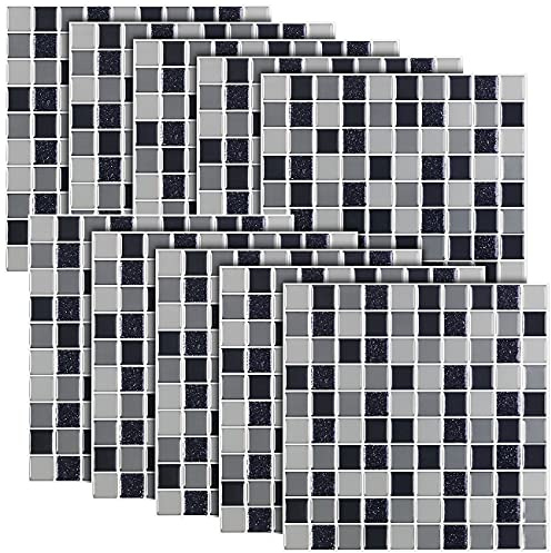 infactory Klebefolie für Fliesen: Selbstklebende 3D-Mosaik-Fliesenaufkleber, 25,5X 25,5 cm, 10er-Set (3D Klebefolie Küche, Fliesenaufkleber Steinoptik, WC)