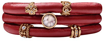 Quiges Damen Leder Wickelarmband Rot 60cm mit Charm Beads Rosegold Edelstahl Magnetverschluss