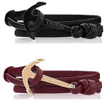 VIKINGS Anker Pärchen Armband 2er Set Leder Schwarz Bordeauxrot, Leder Black - Bordeaux:Schwarz - Schwarz/Bordeaux - Gold
