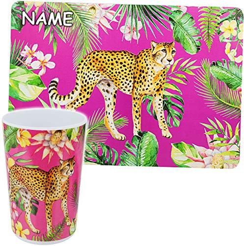 alles-meine.de GmbH 2 TLG. Set Unterlage + Trinkbecher/Becher - Dschungel Tiere & Safari - Leopard - Gepard - inkl. Name - 400 ml - BPA frei - auch als Zahnputzbecher/Malbe..