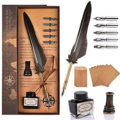 GOLDGE Rétro Plume d'Oie Stylo de Calligraphi 5 Pointes Set, Encre et Papier à Lettres, Cadeaux Classique et élégant pour Cadeau ou Usag