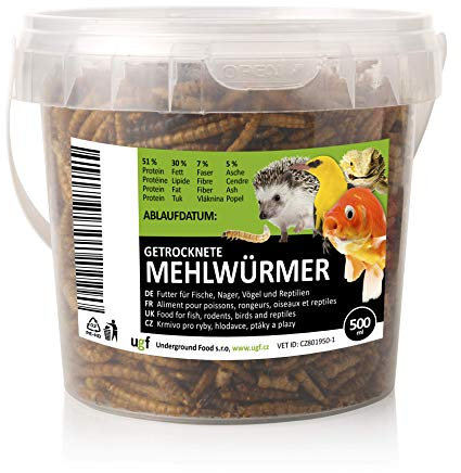 UGF - Premium Mehlwürmer Getrocknet - 80g im 500 Milliliter Eimer, Insekten Snacks für Vögel, Hamster, Igel, Nager, Eidechsen, Schildkröten - ohne Konservierungsmittel und Farbstoff